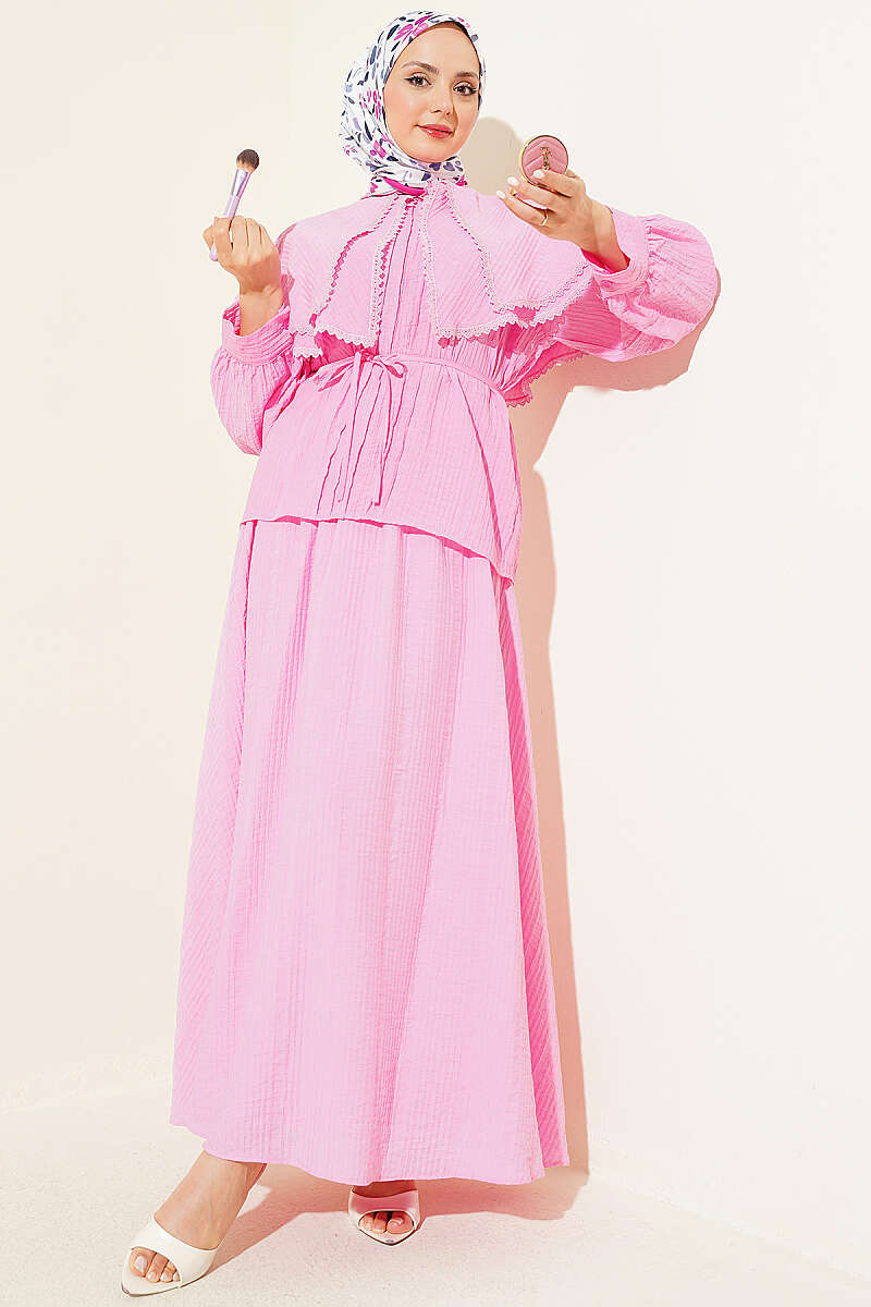 Lace Trimmed Double Sailor Collar Two-Piece Set Pink