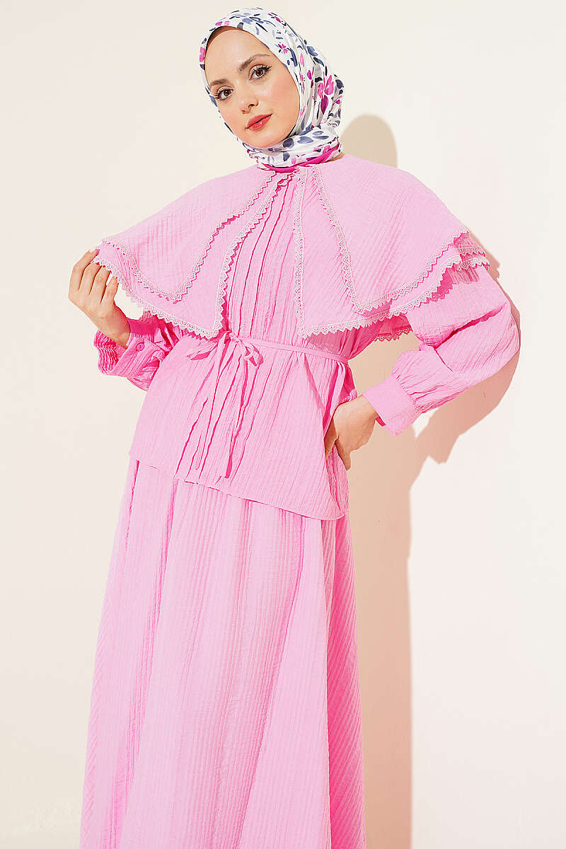 Lace Trimmed Double Sailor Collar Two-Piece Set Pink - Image 2