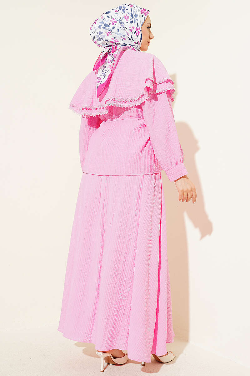 Lace Trimmed Double Sailor Collar Two-Piece Set Pink - Image 3