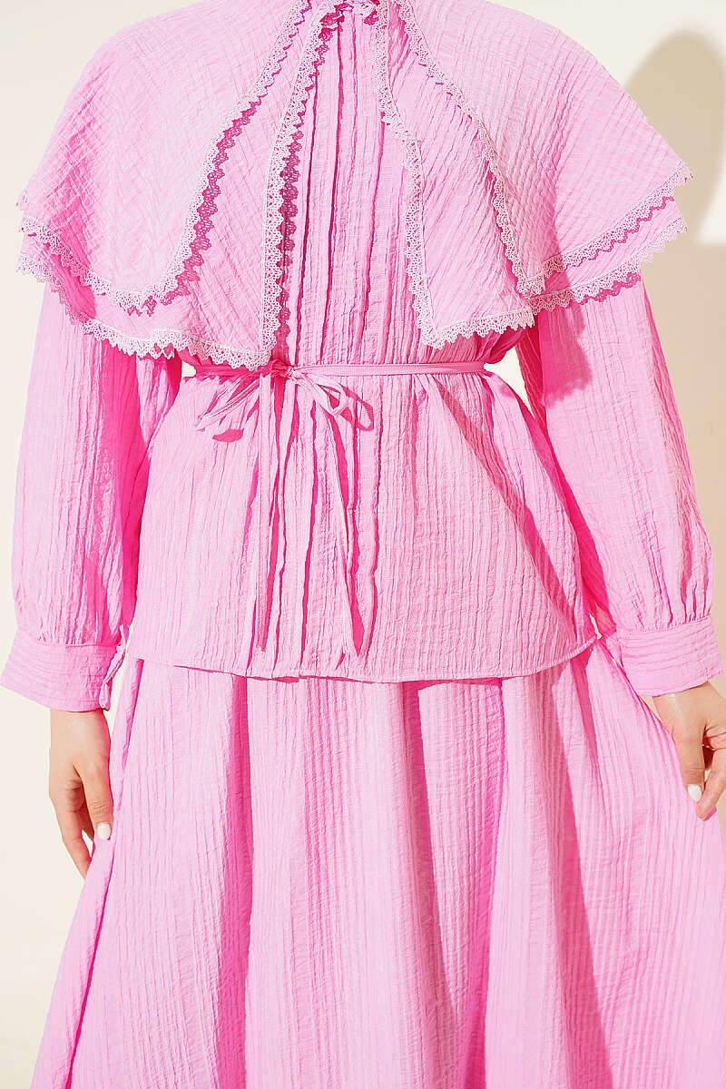 Lace Trimmed Double Sailor Collar Two-Piece Set Pink - Image 4