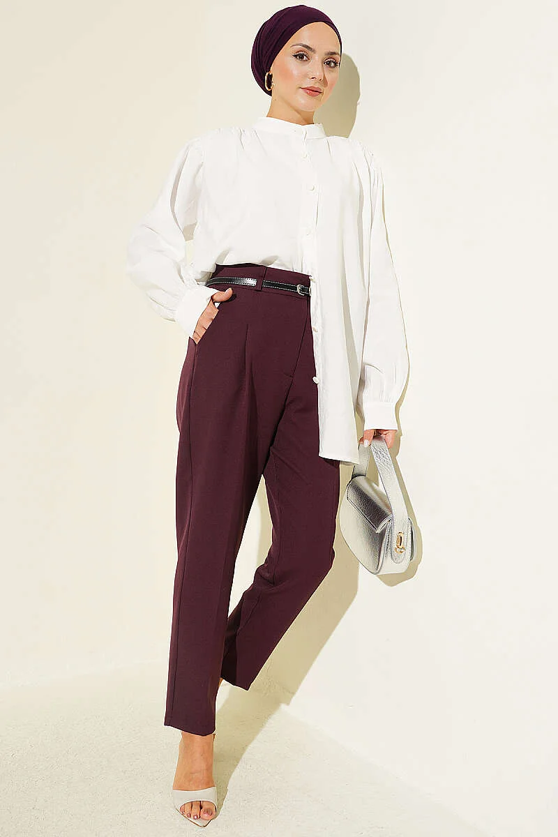 Slim Fit Tapered Fabric Trousers Plum - الصورة 2