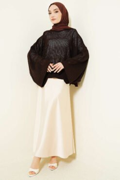 Alternative view of Openwork Batwing Sleeve Knitted Sweater Brown