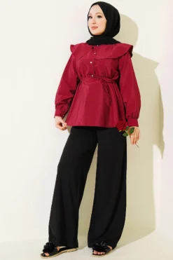 Alternative view of Nautical Collar Tunic with Belted Tie Burgundy