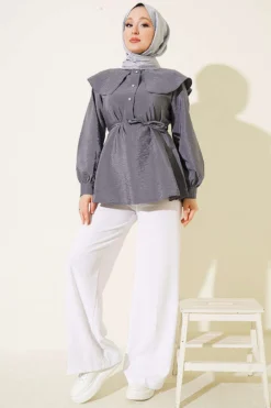 Alternative view of Nautical Collar Tunic with Belted Tie Slate Grey