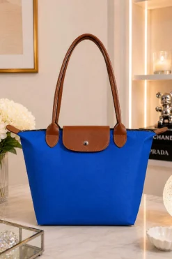 Foldable Bag with Leather Accents Blue