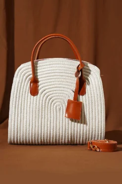 Alternative view of Leather-Trimmed Woven Bag Ecru