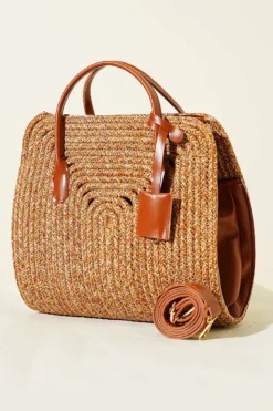 Leather-Trimmed Woven Bag Tan