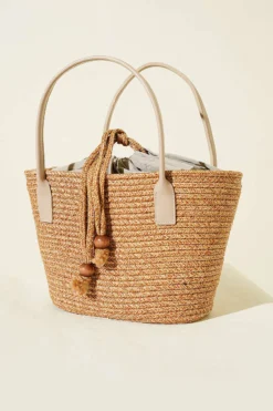 Leather-Trimmed Handle Straw Bag Beige