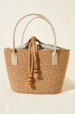 Alternative view of Leather-Trimmed Handle Straw Bag Beige