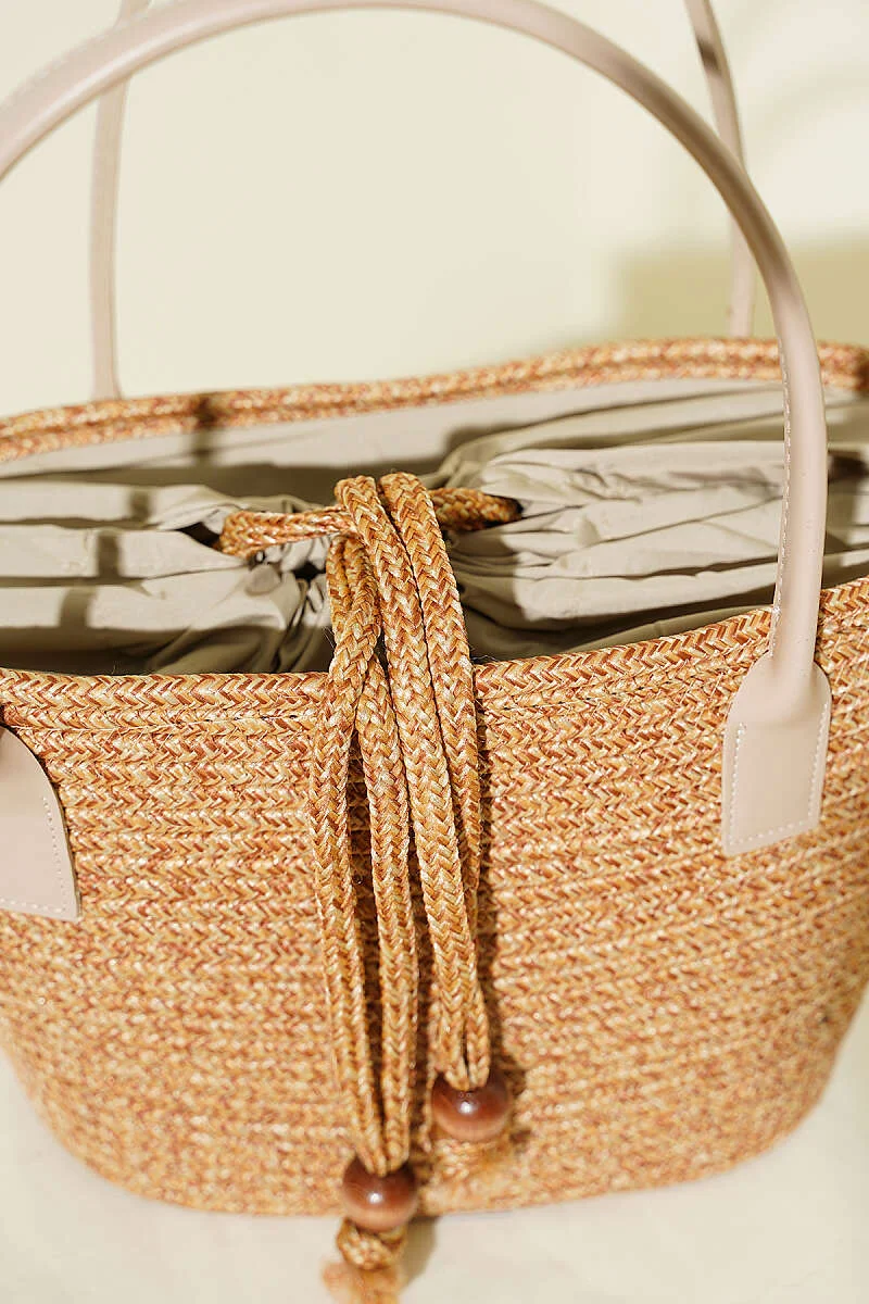 Leather-Trimmed Handle Straw Bag Beige – Image 3