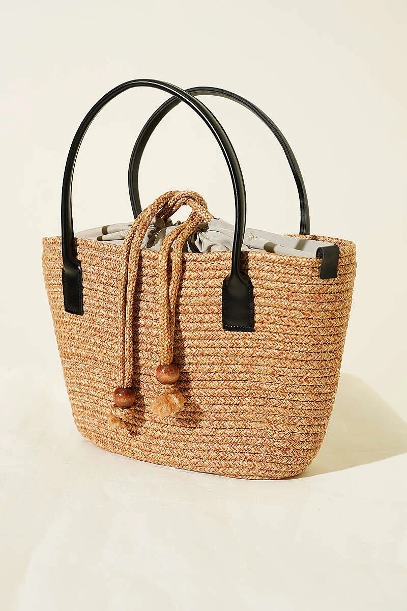 Leather-Trimmed Handle Straw Bag Black