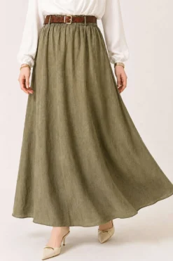 Alternatieve weergave van Belted Waistband Hem Edge Skirt Khaki