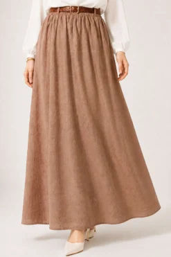 Belted Waistband Hem Edge Skirt Latte