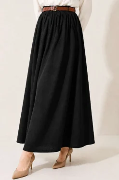 Belted Waistband Hem Edge Skirt Black