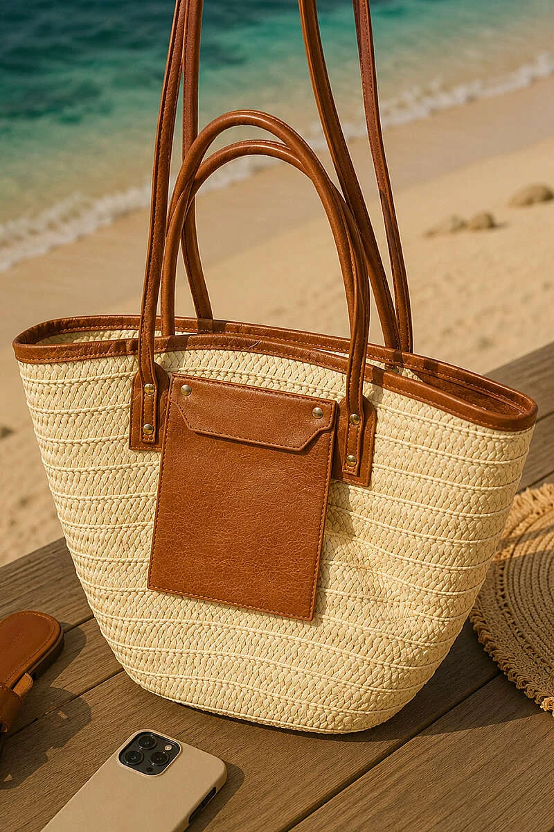 Woven Bag with Leather Handle Details Beige