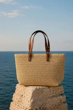 Woven Straw Bag with Leather Handles Beige