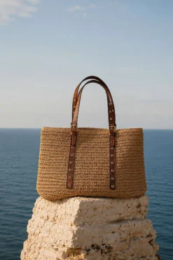Woven Straw Bag with Leather Handles Latte