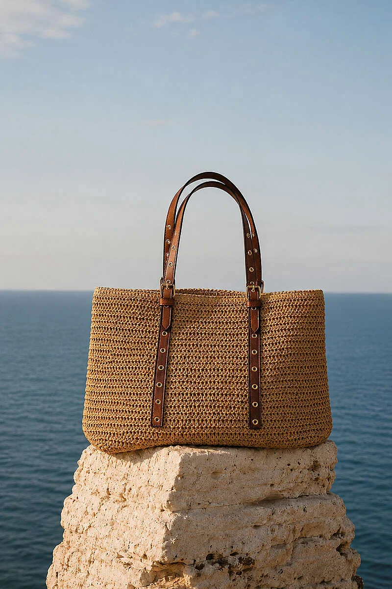 Woven Straw Bag with Leather Handles Latte