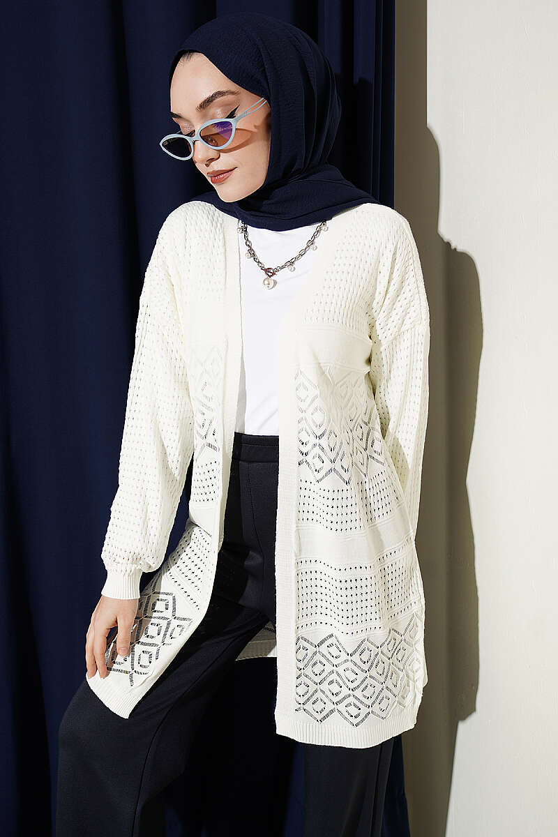 Patterned Openwork Basic Knit Cardigan Ecru
