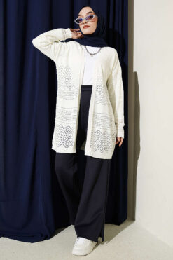 Alternative view of Patterned Openwork Basic Knit Cardigan Ecru