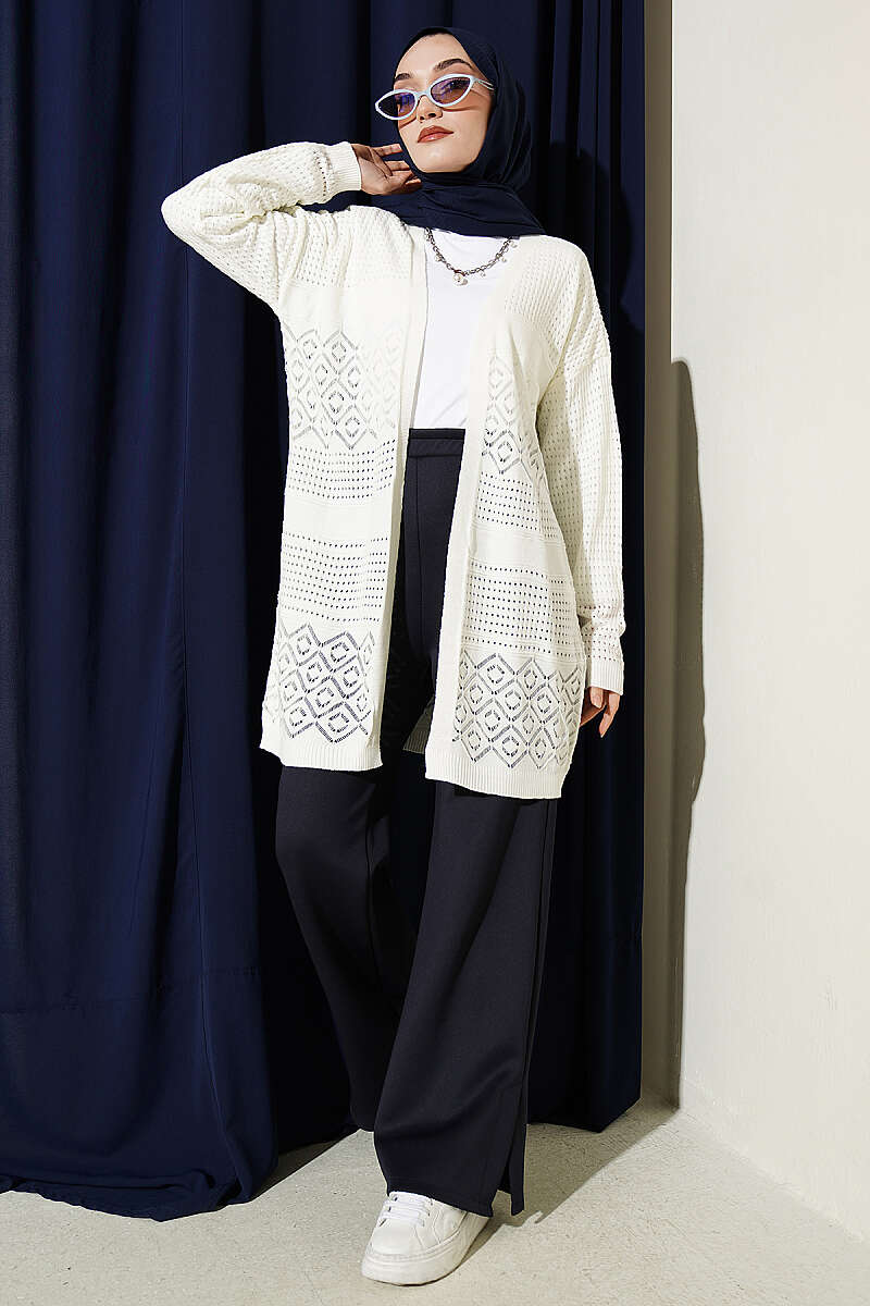 Patterned Openwork Basic Knit Cardigan Ecru - Image 2