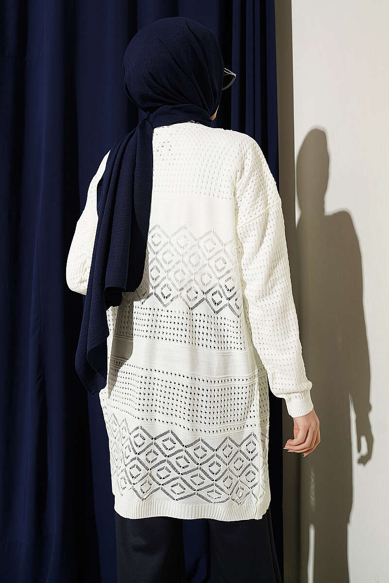 Patterned Openwork Basic Knit Cardigan Ecru - Image 3