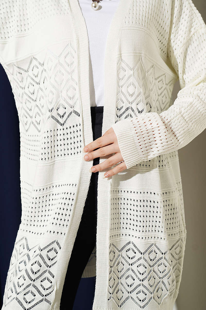Patterned Openwork Basic Knit Cardigan Ecru - Image 4