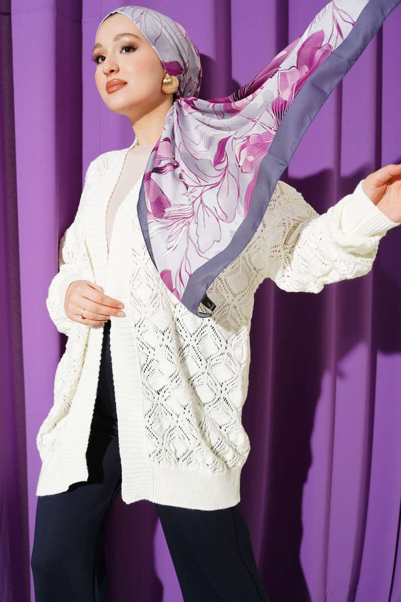 Patterned Openwork Knit Cardigan Ecru