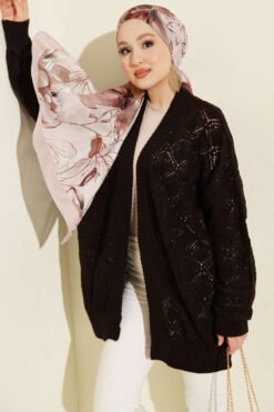 Patterned Openwork Knit Cardigan Brown