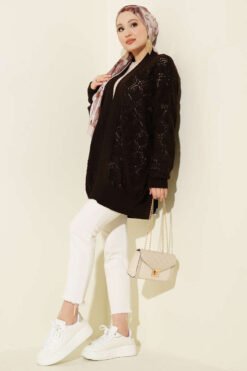 Alternative view of Patterned Openwork Knit Cardigan Brown