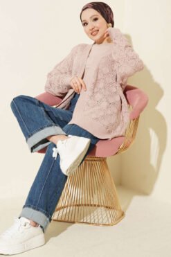 Alternative view of Patterned Openwork Knit Cardigan Powder Pink
