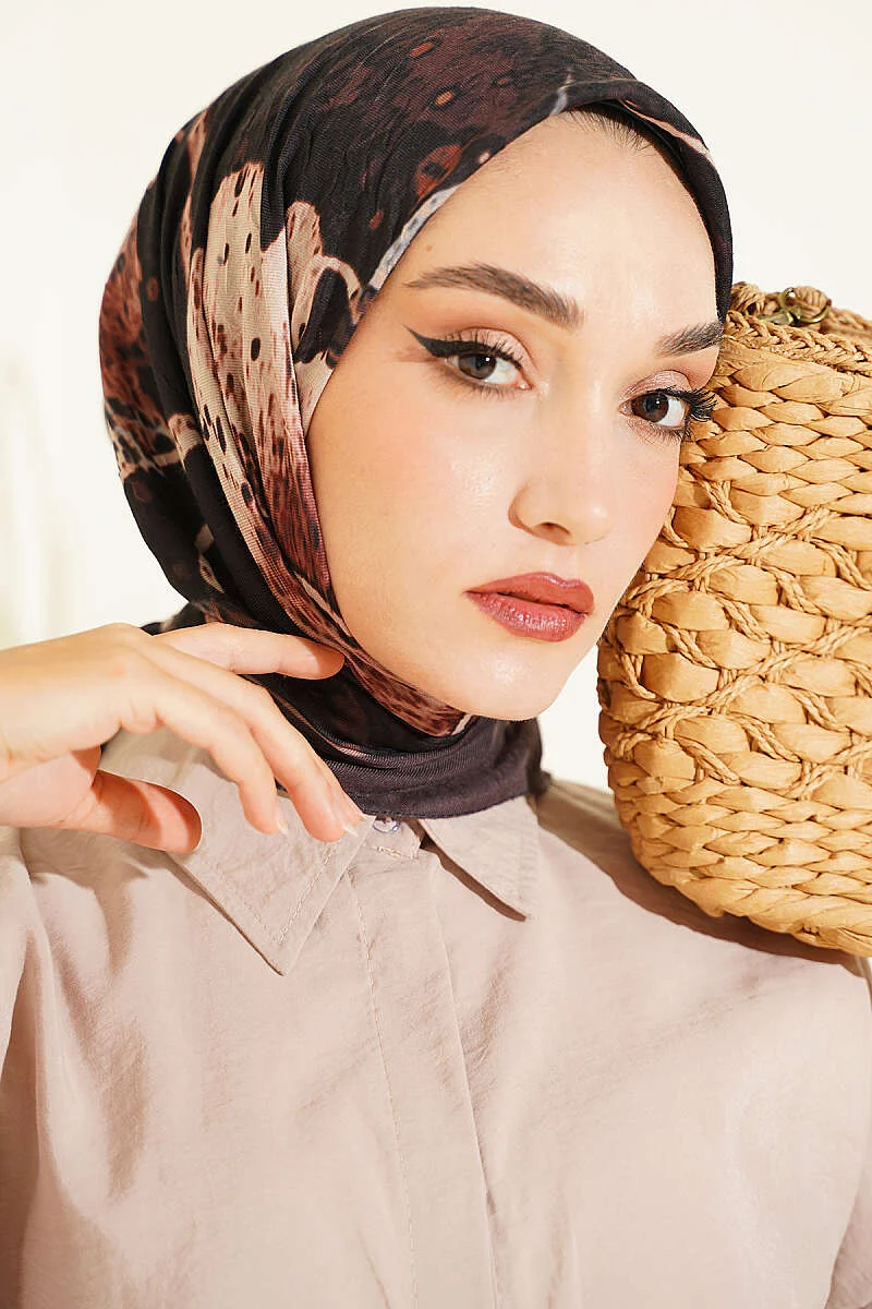 Printed Ayda Bamboo Crepe Scarf Dark Brown - Image 2