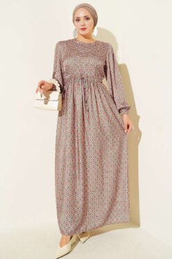 Patterned Satin Dress with Elastic Waistband Orange