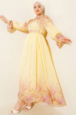 Printed Waist and Ankle Elastic Belted Dress Yellow