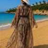 Patterned Adjustable Waist Chiffon Long Pareo Tan - الصورة 2