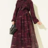 Printed Elastic Waist Chiffon Dress Burgundy