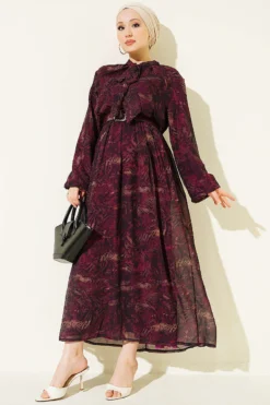 Printed Elastic Waist Chiffon Dress Burgundy