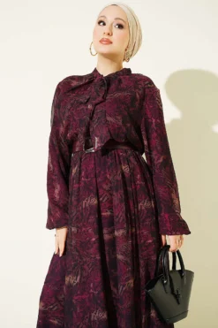 Alternative view of Printed Elastic Waist Chiffon Dress Burgundy