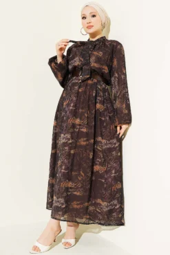 Printed Elastic Waist Chiffon Dress Brown