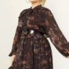 Printed Elastic Waist Chiffon Dress Brown - Image 2