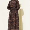 Printed Elastic Waist Chiffon Dress Brown - Image 3