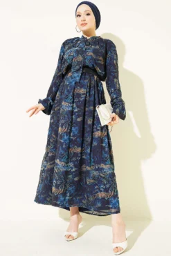 Printed Elastic Waist Chiffon Dress Navy Blue