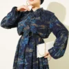 ⁦Printed Elastic Waist Chiffon Dress Navy Blue⁩ - الصورة ⁦2⁩
