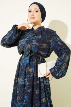 Alternative view of Printed Elastic Waist Chiffon Dress Navy Blue
