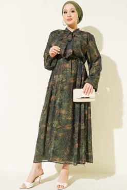 Printed Elastic Waist Chiffon Dress Green