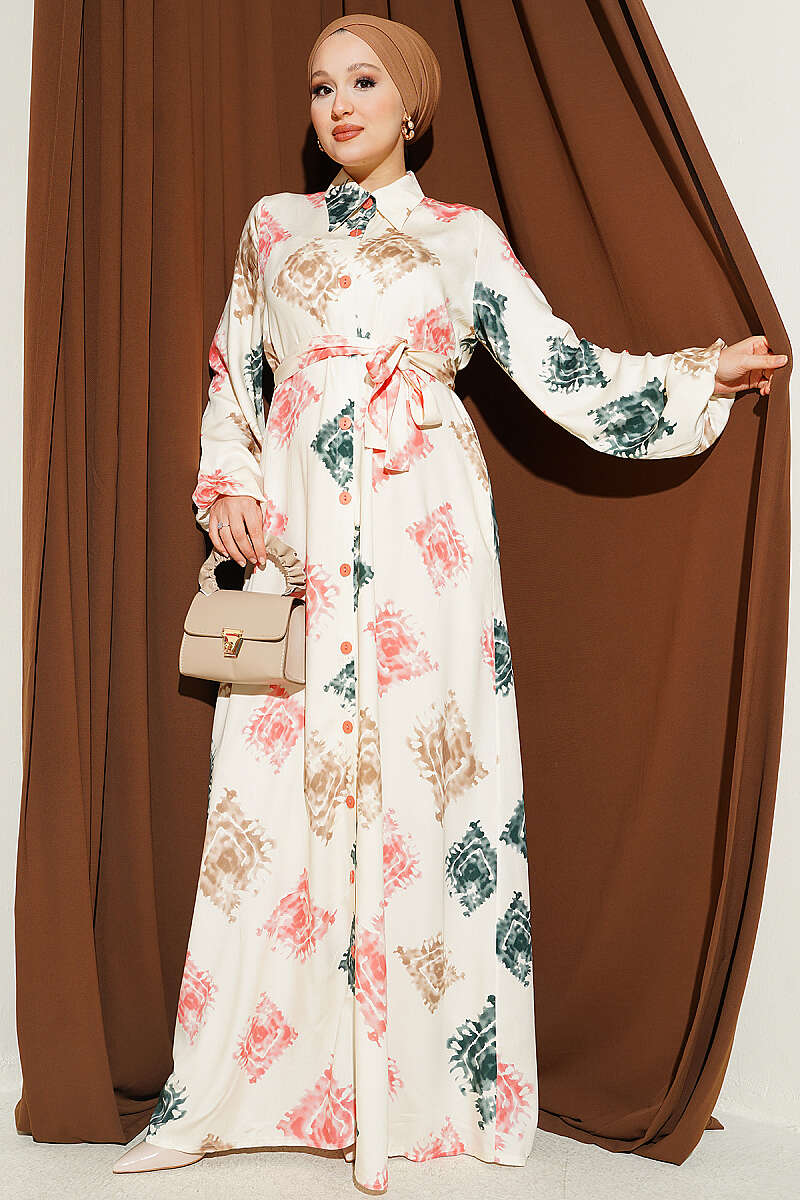 Patterned Full-Length Button-Up Dress Powder Pink