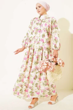 Printed Buttoned Ankle Elastic Tiered Dress Fuchsia