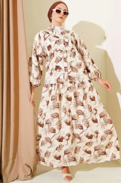 Printed Buttoned Ankle Elastic Tiered Dress Brown
