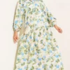 Printed Buttoned Ankle Elastic Tiered Dress Blue
