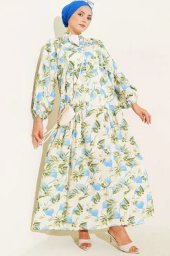 Printed Buttoned Ankle Elastic Tiered Dress Blue